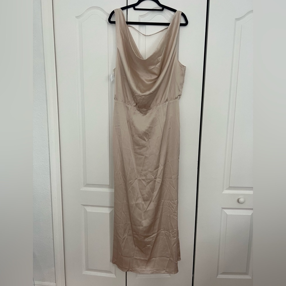 Fame and Partners dress. Never work. Champagne color. Cowl neck and slit.